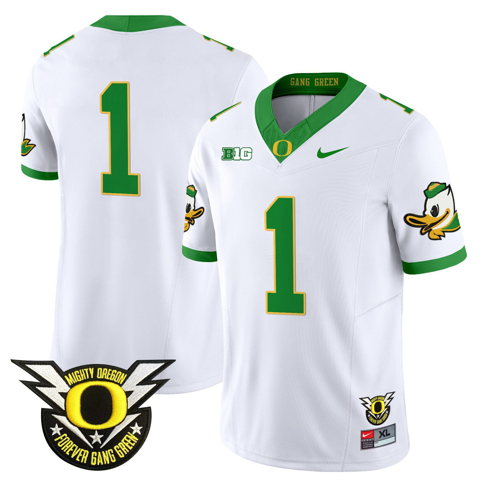 Men Oregon Ducks #1 No Name White 2024 Nike Forever Gang Green & BIG Patch Vapor Limited NCAA Jersey